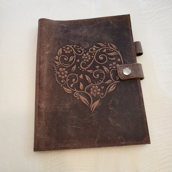 Leather Notebook Cover Floral Heart Natural Distressed Patina - Picture 1 of 14